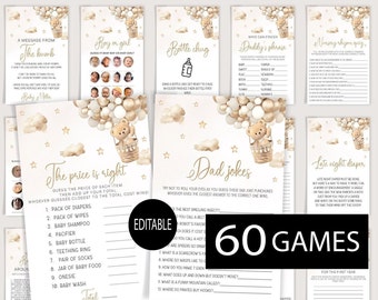 Neutral Baby shower games, Cute Bear Baby Shower Bundle,60 Baby Shower Games included and Answer sheets,Balloon Baby Shower Games