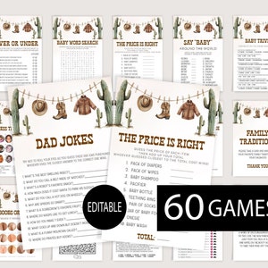 Pacchetto di giochi per baby shower in stile cowboy, attività per il primo rodeo del bambino, giochi per baby shower in stile western, pacchetto di giochi modificabili, 60 giochi inclusi + fogli delle risposte
