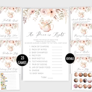 Paquete de juegos para baby shower de niña, juegos para baby shower de fiesta de té, paquete de juegos editables, descarga instantánea, mamá o papá, bingo para bebés, juegos de emojis de libros