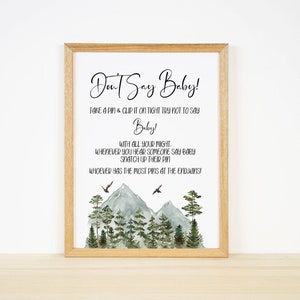 No digas bebé, letrero de baby shower, letrero de baby shower del bosque, juego de baby shower imprimible, juego de baby shower, juego de baby shower del bosque