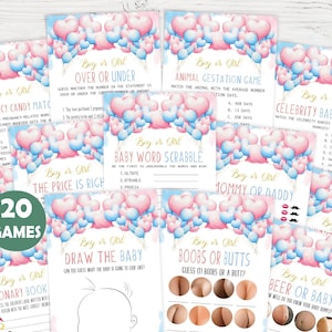 Paquete de juegos de revelación de género, juegos de revelación de género en azul y rosa, juegos divertidos de revelación de género, juegos de fiesta imprimibles, paquete de juegos para niño o niña