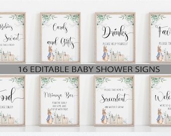 Editable Baby Shower Table Signs,Peter rabbit Baby Shower Signs,Mimosa bar,Pacifier Hunt Sign,Guestbook Sign,Welcome Sign,Cards and Gifts