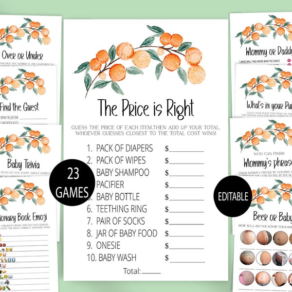 Little Cutie Baby Shower Game Bundle, Orange Baby Shower Game Pack,Neutral Game Bundle,The price is right,Would she rather,Baby Prediction