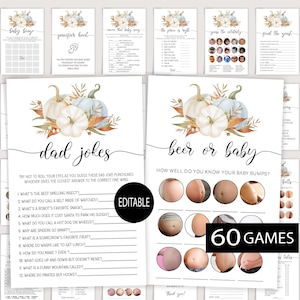Jeux de baby shower, lot de jeux de baby shower à imprimer, petit potiron pour baby shower, bingo pour bébé, recherche de l'invité, blagues pour papa et plus encore
