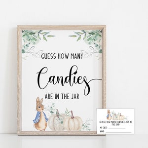Guess how many Candies Sign,Baby Shower Sign,Peter rabbit Baby Shower Theme,Funny Baby Shower Activity,Greenery,Pumpkin,Peter rabbit