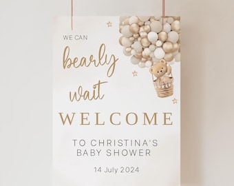 Teddy Bear Baby Shower Welcome Sign,Gender neutral Welcome Sign,Hot Air Balloon Baby Shower,Editable Welcome Sign Template,Instant download