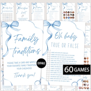 Giochi per baby shower per bambini, tema baby shower con fiocco blu, pacchetto di giochi modificabili, tema baby shower blu, giochi scaricabili immediatamente