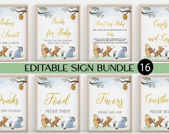 Editable Winnie the Pooh Baby Shower Sign,Table Sign Bundle,Books for Baby Sign,Welcome Sign,Pacifier Hunt Sign,Momosa Bar Sign,16 Sign