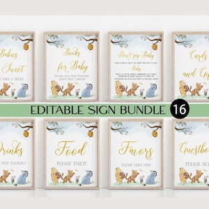 Cartello modificabile per baby shower Winnie the Pooh, pacco di cartelli da tavolo, cartello con libri per bambini, cartello di benvenuto, cartello con caccia al ciuccio, cartello del bar Momosa, cartello da 16