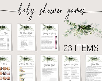 Eucalyptus Baby Shower Games Bundle,Greenery Baby Shower Games,Editable Game Bundle,Instant download,Mommy or Daddy,baby Trivia Game