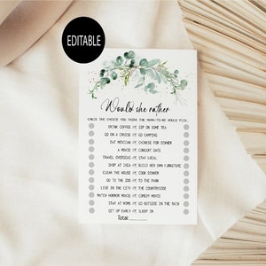 Would she rather Baby Shower Game,Eucalyptus Baby Shower Game,Editable Game,Greenery Baby Shower,Instant download