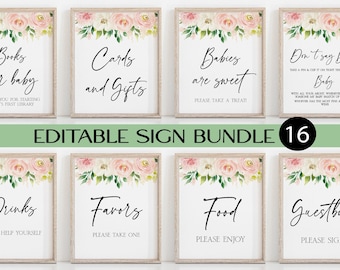 Editable Florale Table Signs,Baby Shower Signs,Floral Baby Shower Signs,Sign Bundle,Guestbook Sign,Late night Diaper,Books for Baby Sign