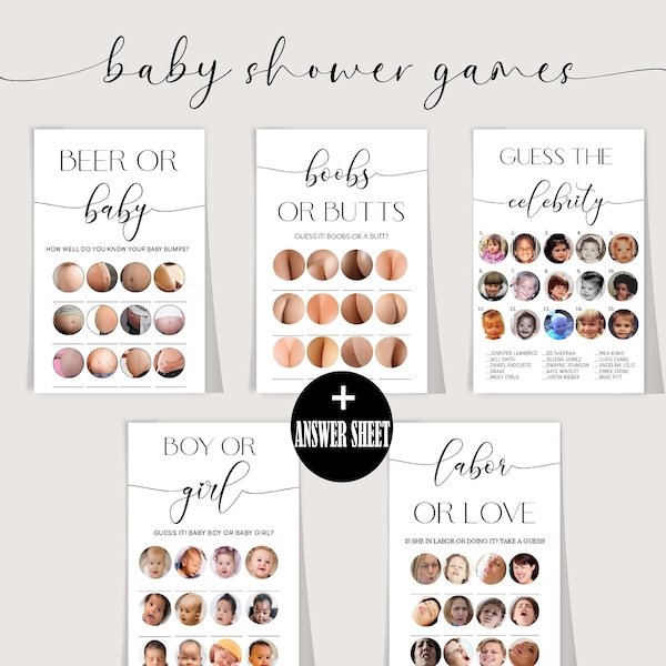 Grappige babyshowerspellen, grappige babyshowerbundel, modern babyshowerpakket, 5 spellen inbegrepen, afdrukbare babyshowerkaarten, instant download