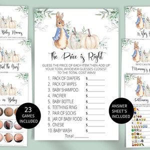 Juegos de baby shower, tema de baby shower de Peter Rabbit, paquete de baby shower, paquete de juegos imprimible, juego de combinación de dulces, ¿preferiría ella, consejos para bebés?