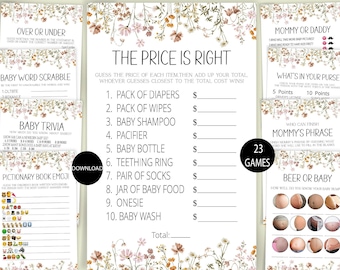 May include: A set of 23 printable baby shower games with floral designs. The games include "Over or Under", "Baby Word Scramble", "Baby Trivia", "Pictionary Book Emoji", "The Price is Right", "Mommy or Daddy", "What's in Your Purse", "Who Can Finish Mommy's Phrase", and "Beer or Baby".