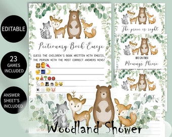 Baby Shower Game Bundle,Woodland Baby Shower Games,23 Printable Baby Shower Games Included,Greenery Woodland Theme,Editable Game Bundle