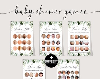 Eucalyptus baby shower games, grappige baby shower spelbundel, groen baby shower game set, afdrukbare games, instant download, + antwoordblad