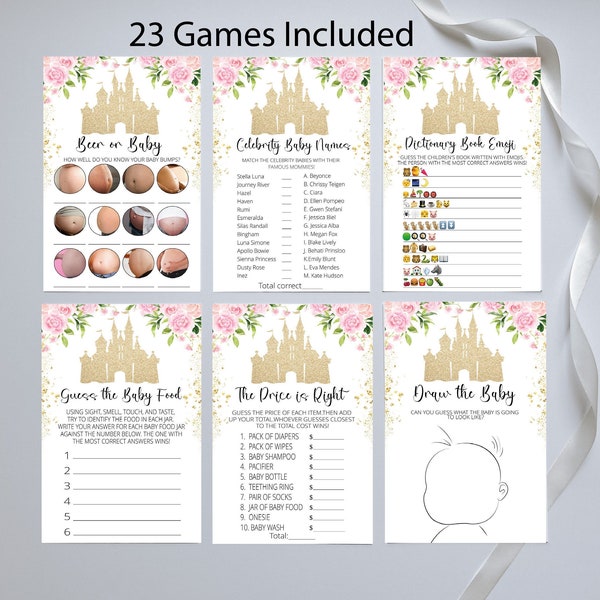 Girl Baby Shower Bundle,Princess Baby Shower Games,Floral Baby Shower Game Package,23 Printable Games Included