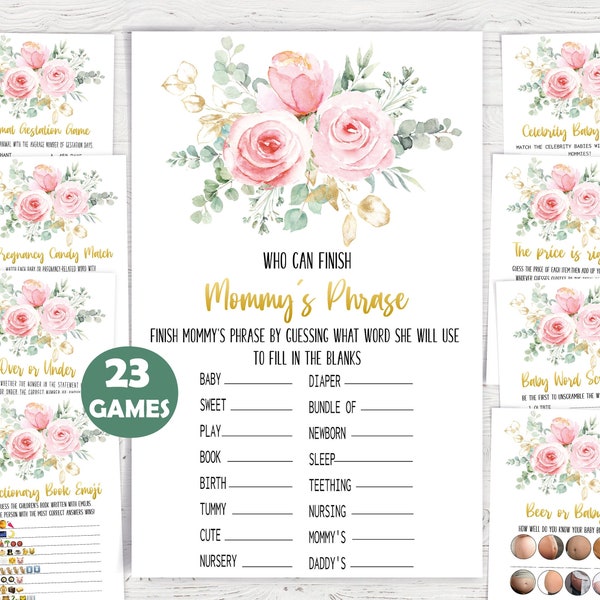 Floral Baby Shower Game,Gold Blush Floral Game Bundle,Girl Baby Shower Theme,Printable Game Bundle,23 Games Included