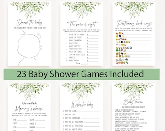 Eucalyptus baby shower spel, afdrukbare baby shower spelbundel, groen baby shower games, afdrukbare gamebundel, 23 games inbegrepen