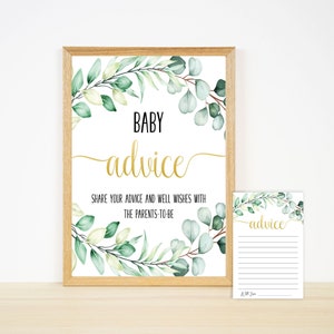 ユーカリのベビーシャワーサイン、ベビーアドバイス、ベビーシャワーゲーム、ベビーシャワーサイン、両親へのアドバイス、印刷可能なベビーシャワーサイン、緑のサイン