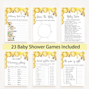 Paquete de baby shower de abejas, juegos de baby shower de abejas, paquete de juegos imprimibles para baby shower, juegos amarillos para baby shower, libro de emojis, trivia para bebés