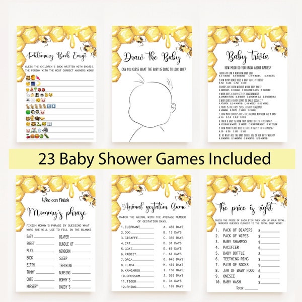 Honey Bee Baby Shower Bundle,Bee Baby Shower Games,Printable Baby Shower Game Bundle,Yellow Baby Shower Games,Book Emoji,Baby Trivia