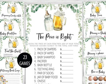 Pode incluir: Um conjunto de 23 jogos de chá de bebê imprimíveis com um tema de eucalipto verde e branco. Os jogos incluem "Pregnancy Candy Match", "Baby Prediction", "Find the Guest", "Pictionary Book Emoji", "The Price is Right", "Baby Trivia", "Mommy or Daddy", "Who Can Finish Mommy's Phrase", e "Beer or Baby".