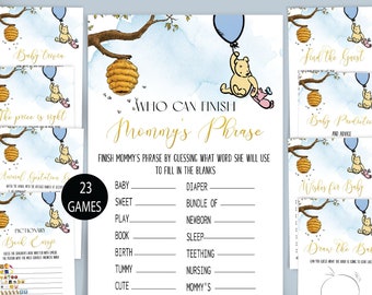 May include: A Winnie the Pooh themed baby shower game set with 23 games. The games include "Who Can Finish Mommy's Phrase", "Baby Trivia", "The Price is Right", "Animal Gestation", "Pictionary Book Emoji", "Find the Guest", "Baby Prediction and Advice", "Wishes for Baby", and "Draw the Baby".