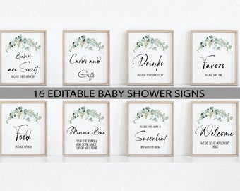 Editable Eucalyptus Baby Shower Signs,Baby Shower Sign Bundle,Greenery Gold Baby Shower Sign,Printable Baby Shower Signs,Mimosa Bar Sign