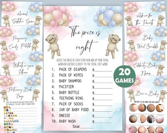 20 juegos para revelar el sexo del bebé, paquete de juegos imprimibles para fiestas de revelación de género, juegos para baby shower, juegos de actividades para revelar el sexo del bebé, ideas para revelar el sexo del bebé