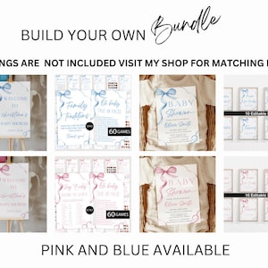 Puede incluir: Un paquete digital imprimible para un baby shower. El paquete incluye un cartel de bienvenida, un imprimible de tradiciones familiares, un juego "Oh Baby", una invitaci&oacute;n a un baby shower y 16 carteles editables. El paquete est&aacute; disponible en rosa y azul.