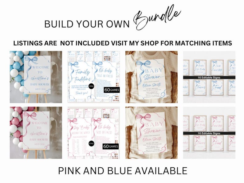 Puede incluir: Un paquete digital imprimible para un baby shower. El paquete incluye un cartel de bienvenida, un imprimible de tradiciones familiares, un juego "Oh Baby", una invitaci&oacute;n a un baby shower y 16 carteles editables. El paquete est&aacute; disponible en rosa y azul.