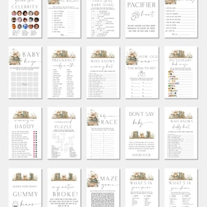 May include: A selection of baby shower game cards printed on white paper. Games include "Guess the Celebrity," "The Price is Right," "Name That Baby Song," "Pacifier Hunt," and "Wishes for Baby." Each card has a book and floral illustration.