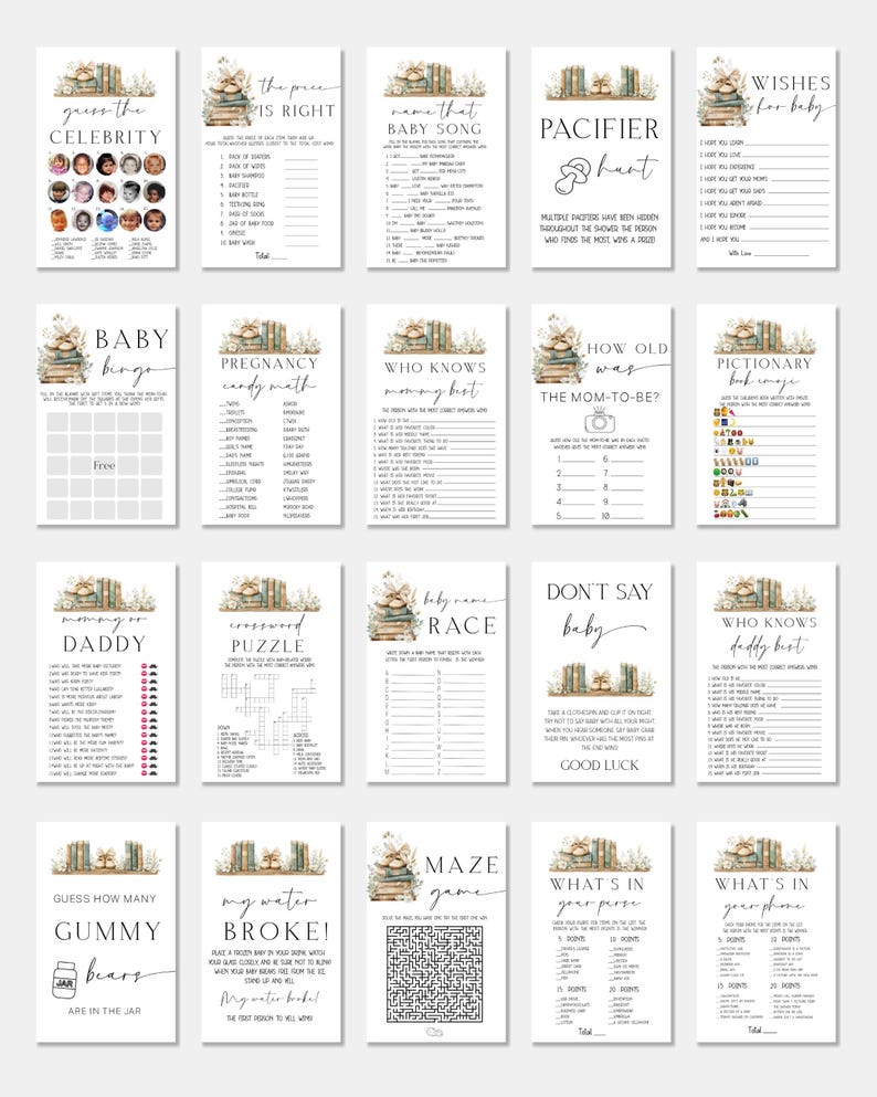May include: A selection of baby shower game cards printed on white paper. Games include "Guess the Celebrity," "The Price is Right," "Name That Baby Song," "Pacifier Hunt," and "Wishes for Baby." Each card has a book and floral illustration.