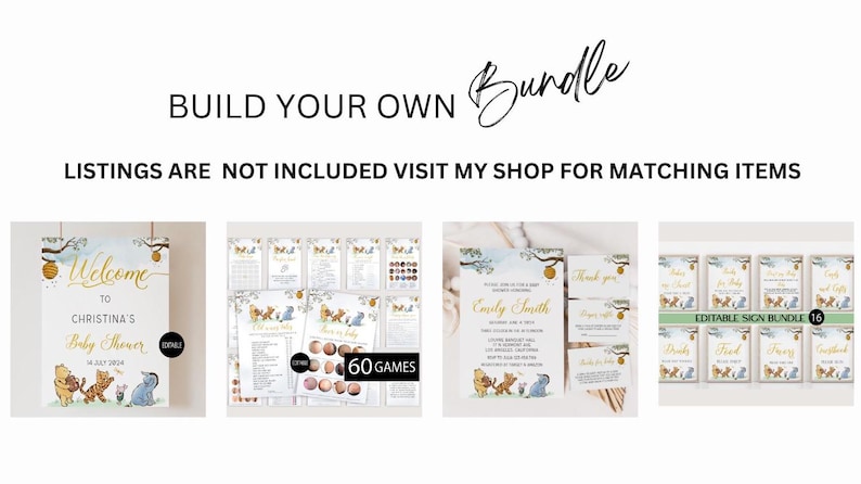May include: A Winnie the Pooh themed baby shower printable bundle with a welcome sign, games, invitations, and thank you cards. The bundle includes 60 games and editable signs.