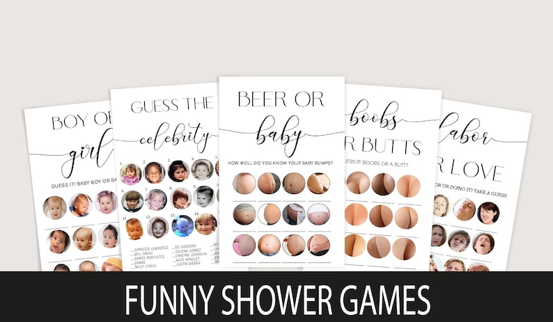 Juegos divertidos para baby shower, paquete divertido para baby shower, paquete moderno para baby shower, 5 juegos incluidos, tarjetas imprimibles para baby shower, descarga instantánea imagen 2