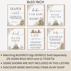 May include: Six framed signs for a baby shower, including "Diaper Raffle," "Books for Baby," and "Favors." Each sign is 20.3 x 25.4 cm and features a soft, neutral colour palette with floral accents and stacked books.