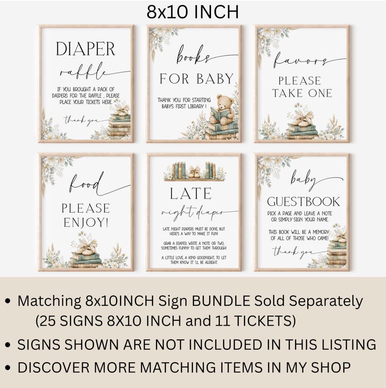 May include: Six framed signs for a baby shower, including "Diaper Raffle," "Books for Baby," and "Favors." Each sign is 20.3 x 25.4 cm and features a soft, neutral colour palette with floral accents and stacked books.