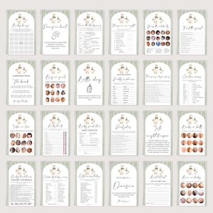 May include: A selection of baby shower game cards with a green and white patterned backdrop. Each card presents a different game, including "Baby Bingo" and "Guess the Celebrity." The cards are arched and feature a duck illustration.