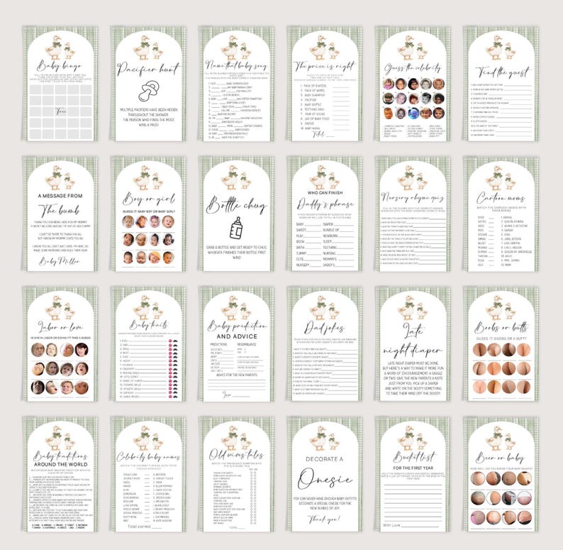 May include: A selection of baby shower game cards with a green and white patterned backdrop. Each card presents a different game, including "Baby Bingo" and "Guess the Celebrity." The cards are arched and feature a duck illustration.