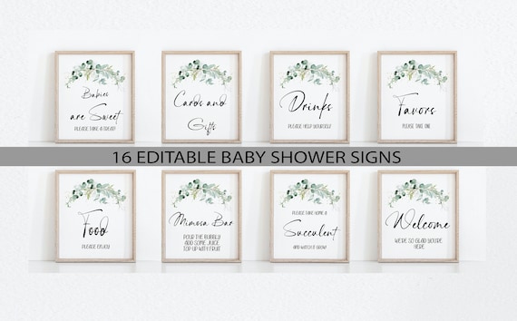 Editable Eucalyptus Baby Shower Signs,Baby Shower Sign Bundle,Greenery Gold Baby Shower Sign,Printable Baby Shower Signs,Mimosa Bar Sign