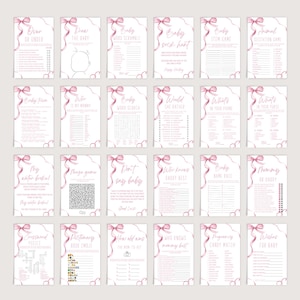 Puede incluir: Un conjunto de 16 tarjetas de juego de baby shower imprimibles con cintas y lazos rosas. Las tarjetas presentan varios juegos como "M&aacute;s o Menos", "Dibuja al Beb&eacute;", "Desorden de Palabras de Beb&eacute;", "B&uacute;squeda de Calcetines de Beb&eacute;", "Juego de Art&iacute;culos de Beb&eacute;", "Juego de Adivinanzas de Animales", "Trivia de Beb&eacute;", "&iquest;Qui&eacute;n es Mi Mam&aacute;?", "B&uacute;squeda de Palabras de Beb&eacute;", "&iquest;Preferir&iacute;a Ella?", "&iquest;Qu&eacute; Hay en Tu Tel&eacute;fono?", "&iquest;Qu&eacute; Hay en Tu Bolso?", "Mi Agua se Rompi&oacute;", "Juego Maso", "No Digas Beb&eacute;", "&iquest;Qui&eacute;n Conoce Mejor a Pap&aacute;?", "Carrera de Nombres de Beb&eacute;", "Mam&aacute; o Pap&aacute;", "Rompecabezas Desordenado", "Diccionario Emoji de Libro", "&iquest;Qu&eacute; Edad Ten&iacute;a la Futura Mam&aacute;?", "&iquest;Qui&eacute;n Conoce Mejor a Mam&aacute;?", "Coincidencia de Caramelos de Embarazo", y "Deseos para el Beb&eacute;".