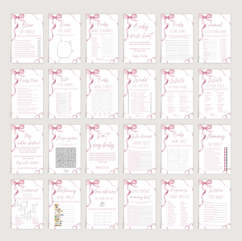 Puede incluir: Un conjunto de 16 tarjetas de juego de baby shower imprimibles con cintas y lazos rosas. Las tarjetas presentan varios juegos como "M&aacute;s o Menos", "Dibuja al Beb&eacute;", "Desorden de Palabras de Beb&eacute;", "B&uacute;squeda de Calcetines de Beb&eacute;", "Juego de Art&iacute;culos de Beb&eacute;", "Juego de Adivinanzas de Animales", "Trivia de Beb&eacute;", "&iquest;Qui&eacute;n es Mi Mam&aacute;?", "B&uacute;squeda de Palabras de Beb&eacute;", "&iquest;Preferir&iacute;a Ella?", "&iquest;Qu&eacute; Hay en Tu Tel&eacute;fono?", "&iquest;Qu&eacute; Hay en Tu Bolso?", "Mi Agua se Rompi&oacute;", "Juego Maso", "No Digas Beb&eacute;", "&iquest;Qui&eacute;n Conoce Mejor a Pap&aacute;?", "Carrera de Nombres de Beb&eacute;", "Mam&aacute; o Pap&aacute;", "Rompecabezas Desordenado", "Diccionario Emoji de Libro", "&iquest;Qu&eacute; Edad Ten&iacute;a la Futura Mam&aacute;?", "&iquest;Qui&eacute;n Conoce Mejor a Mam&aacute;?", "Coincidencia de Caramelos de Embarazo", y "Deseos para el Beb&eacute;".