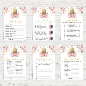 May include: A set of six printable baby shower game cards featuring a gold castle and pink floral design. The games include "Wishes for Baby", "Mommy or Daddy", "Would You Rather", "Baby Predictions and Advice", "Guess the Baby Food", and "Baby Word Scramble".