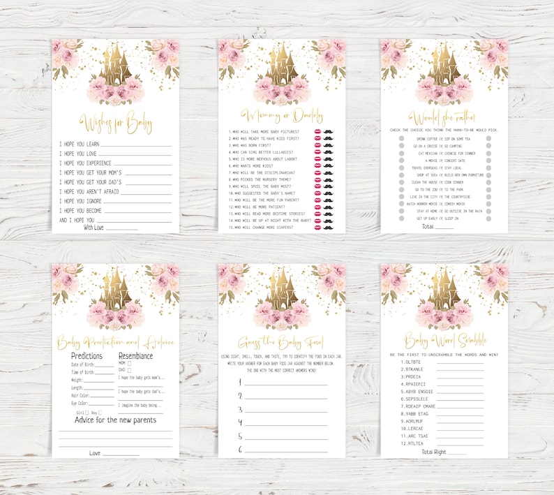 May include: A set of six printable baby shower game cards featuring a gold castle and pink floral design. The games include "Wishes for Baby", "Mommy or Daddy", "Would You Rather", "Baby Predictions and Advice", "Guess the Baby Food", and "Baby Word Scramble".