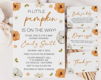 Paquete de invitación de baby shower, una pequeña invitación de calabaza, plantilla de baby shower de otoño, invitación editable, descarga instantánea