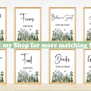 Pu&ograve; includere: Set di dieci cartelli stampabili con un design di montagna e foresta ad acquerello. I cartelli includono: Biglietti e regali, Favori, I bambini sono dolci, Succulenta, Bar Mimosa, Cibo, Bevande, Benvenuti.