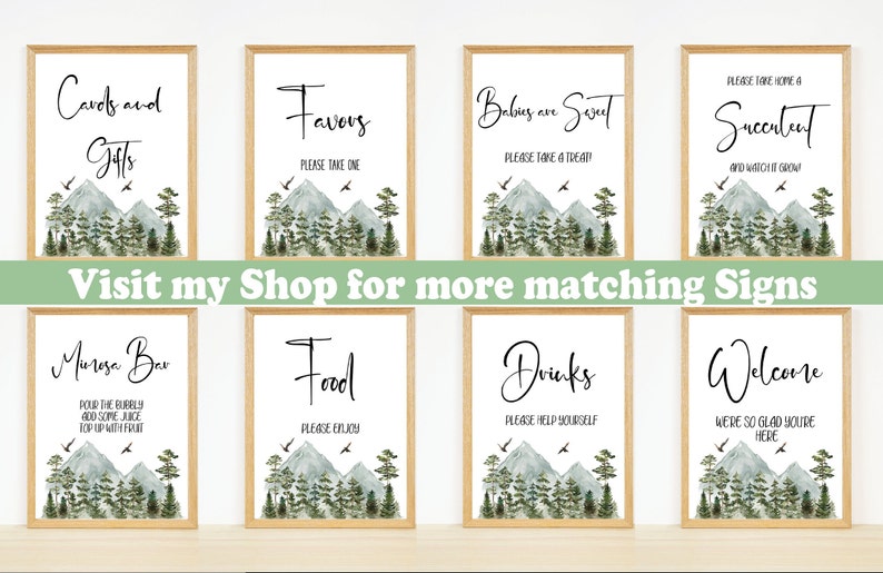 Pu&ograve; includere: Set di dieci cartelli stampabili con un design di montagna e foresta ad acquerello. I cartelli includono: Biglietti e regali, Favori, I bambini sono dolci, Succulenta, Bar Mimosa, Cibo, Bevande, Benvenuti.