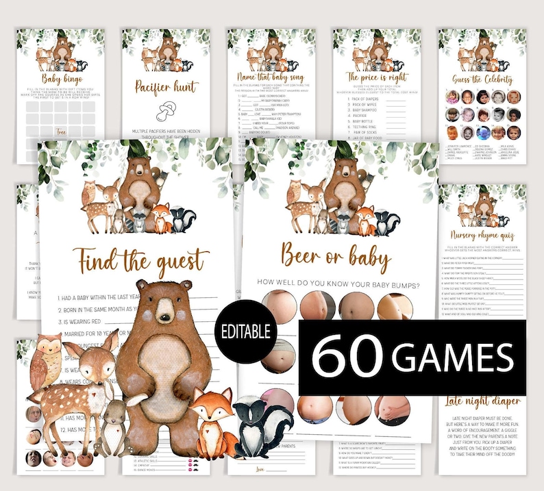 May include: A set of 60 printable baby shower games featuring woodland animals like a bear, fox, deer, and owl. The games include "Baby Bingo", "Name That Baby Song", "The Price is Right", "Pacifier Hunt", "Guess the Celebrity", "Find the Guest", "Beer or Baby", "Nursery Rhyme Quiz", and "Late Night Diaper".